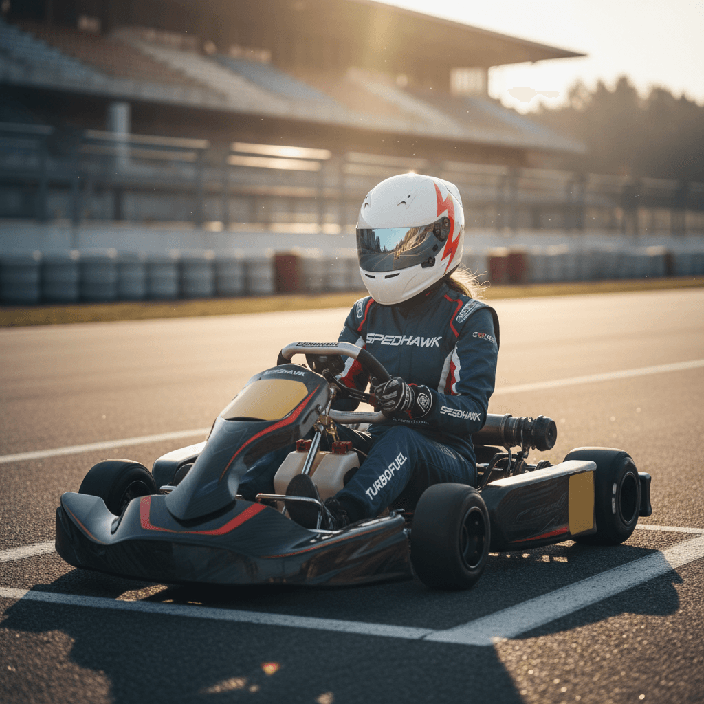 Beatriz Sahade in a professional kart on track, racing suit and helmet, cinematic light.